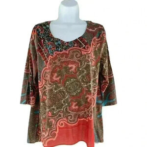 French Blue Women's Multicolor Paisley Shirt Back Embroidered 3/4 Sleeves Top XL